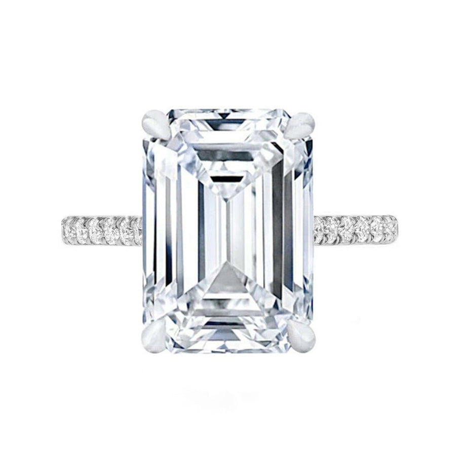 10 Carat Emerald Cut Lab Created Pave Diamond Engagement Ring in 18K Gold