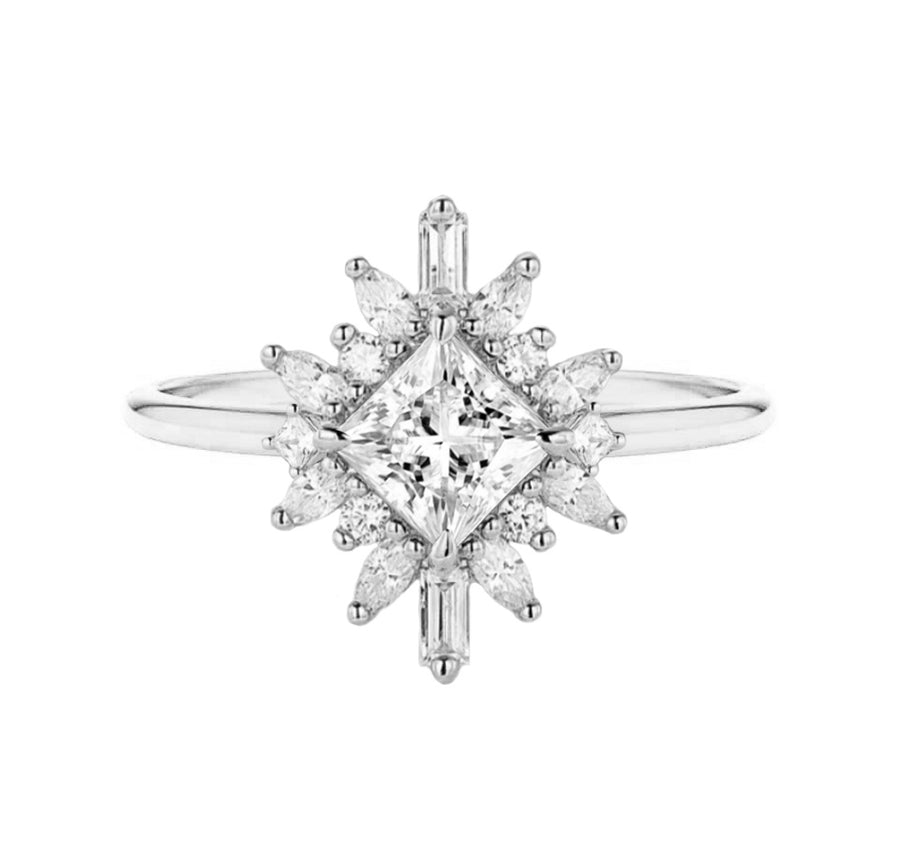 Alexa Art Deco Halo Princess Cut Natural Diamond Engagement Ring in 18K Gold