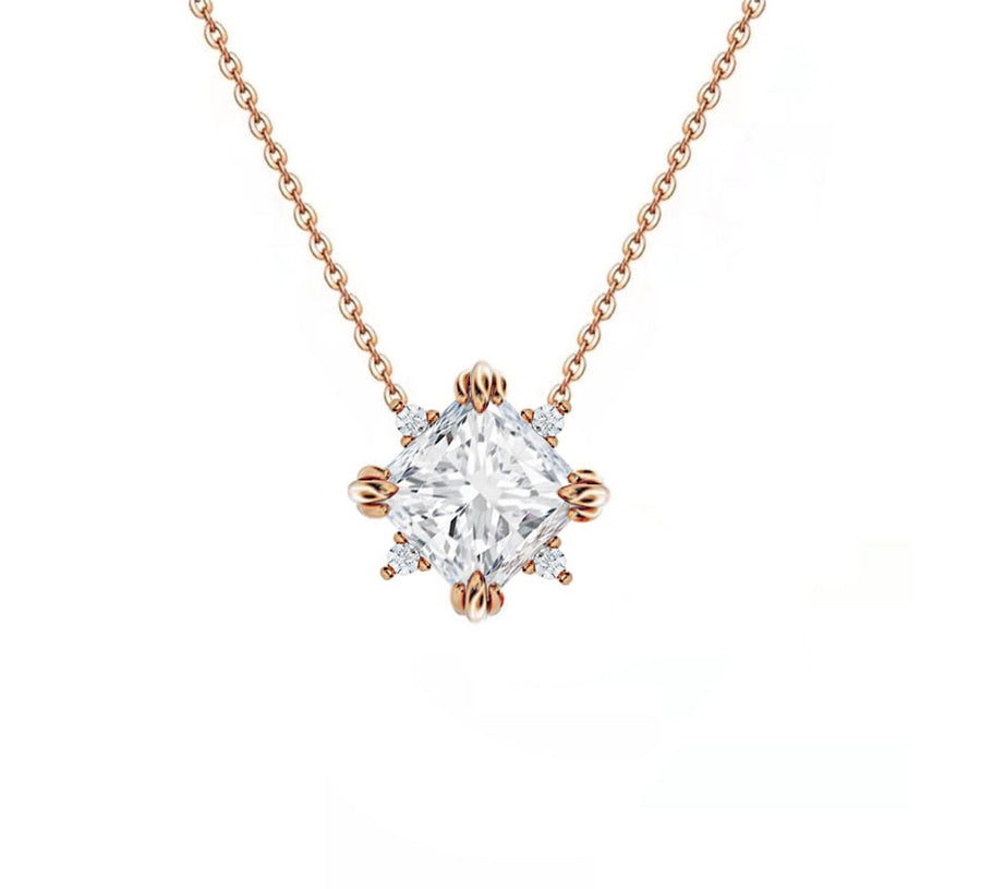Amelia Floral Cluster Princess Cut Lab Grown Diamond Necklace in 14K Gold
