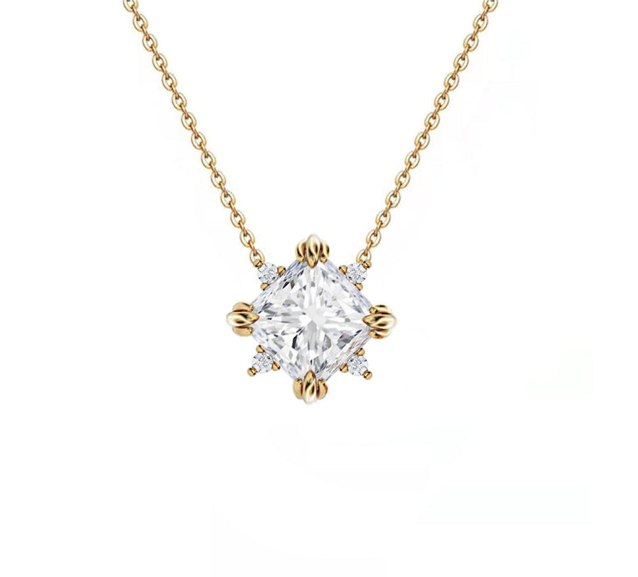 Amelia Floral Cluster Princess Cut Lab Grown Diamond Necklace in 14K Gold