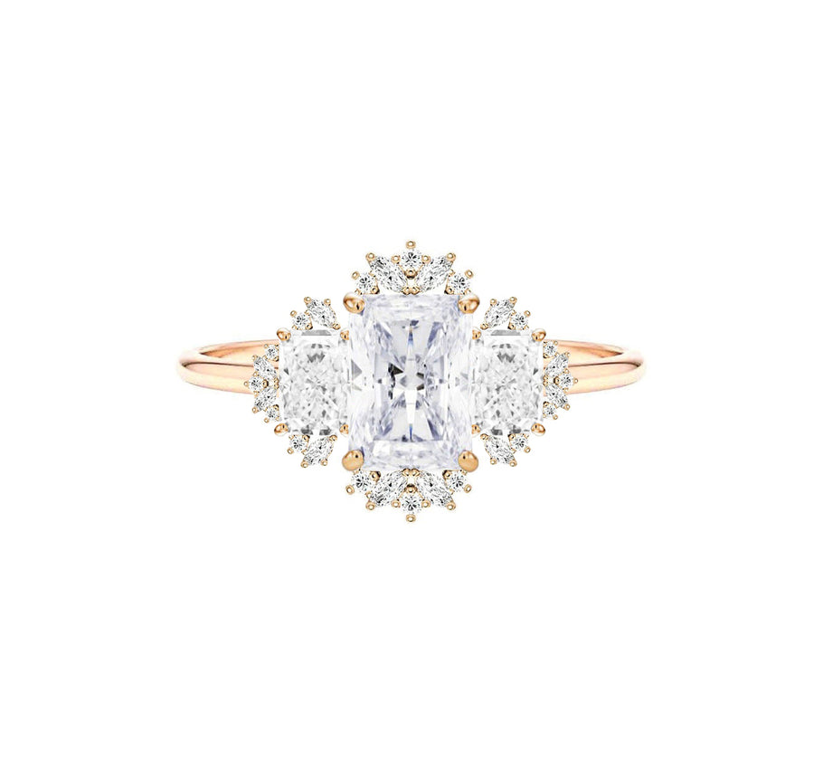 Three Stone Radiant Cut Lab Diamond Engagement Ring in 14K Rose Gold