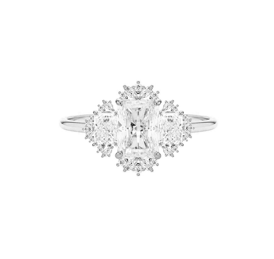 Three Stone Radiant Cut Lab Diamond Engagement Ring in 14K White Gold