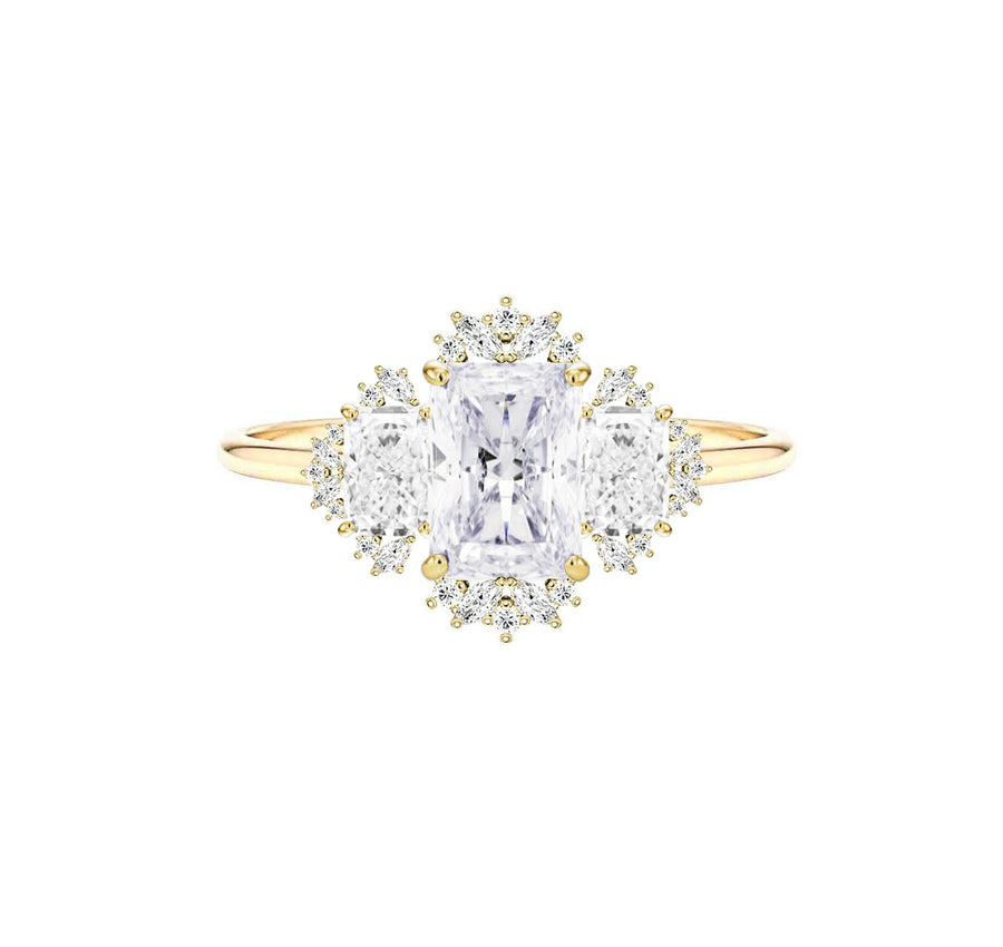 Three Stone Radiant Cut Lab Diamond Engagement Ring in 14K Yellow Gold