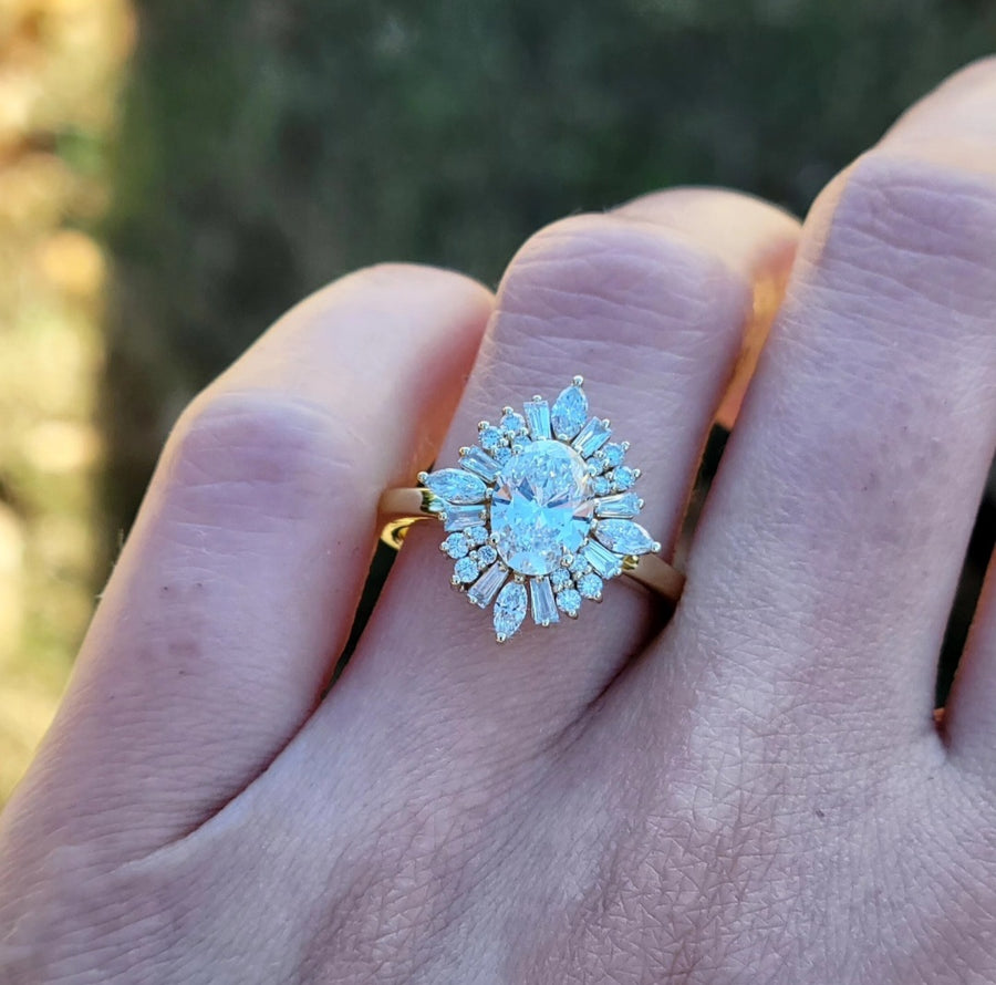 Art deco oval diamond ring yellow gold