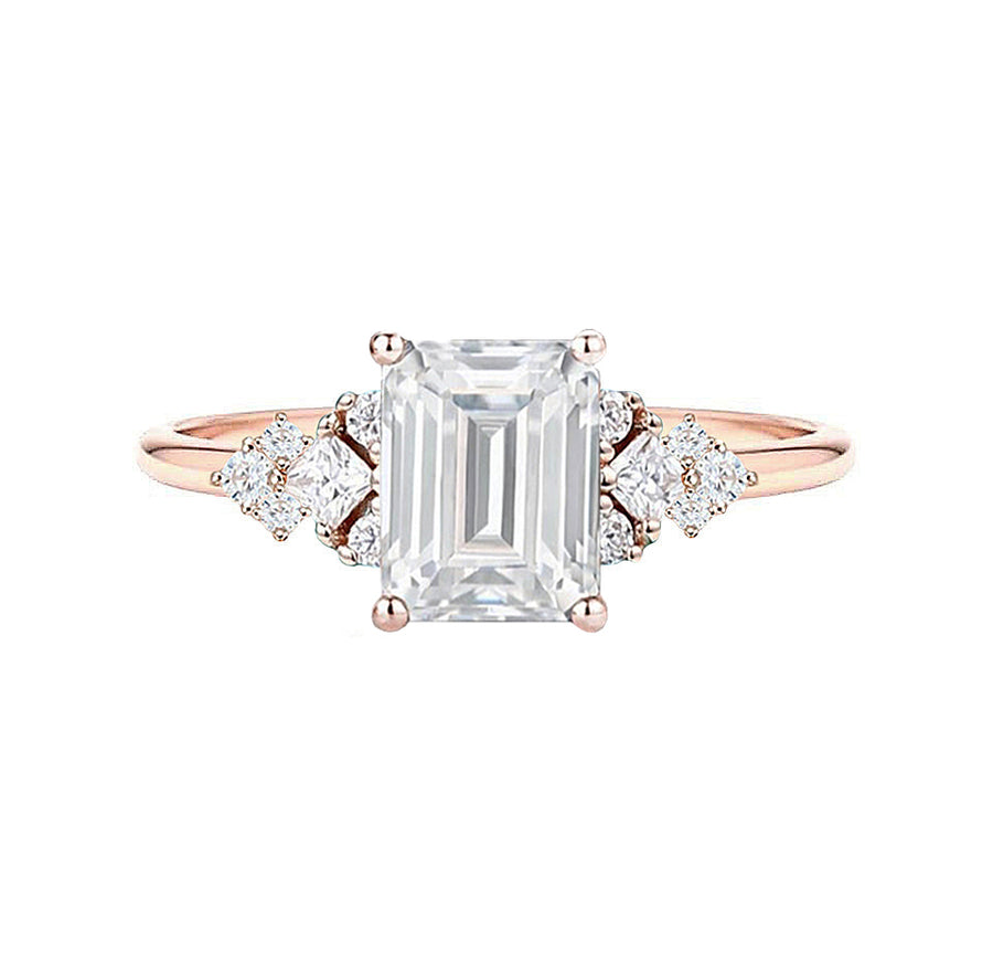 Art Deco Cluster Emerald Cut Natural Diamond Engagement Ring in 18K Rose Gold