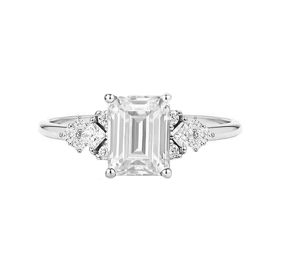 Art Deco Cluster Emerald Cut Natural Diamond Engagement Ring in 18K White Gold