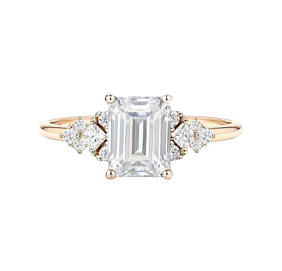 Art Deco Cluster Emerald Cut Natural Diamond Engagement Ring in 18K Yellow Gold