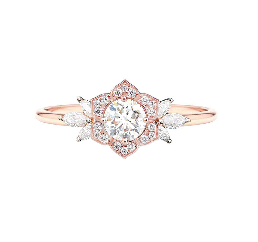 Water Lily Round Cut Natural Diamond Engagement Ring in 18K Rose Gold