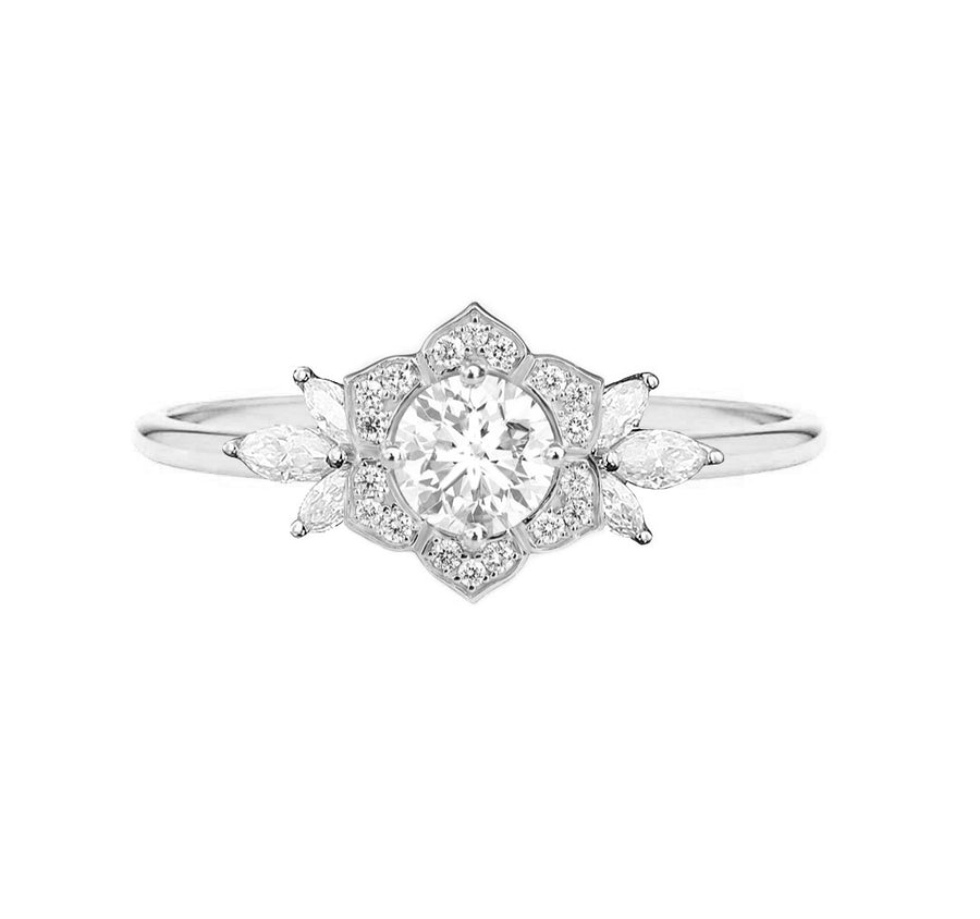 Water Lily Round Cut Lab Diamond Engagement Ring in 18K White Gold