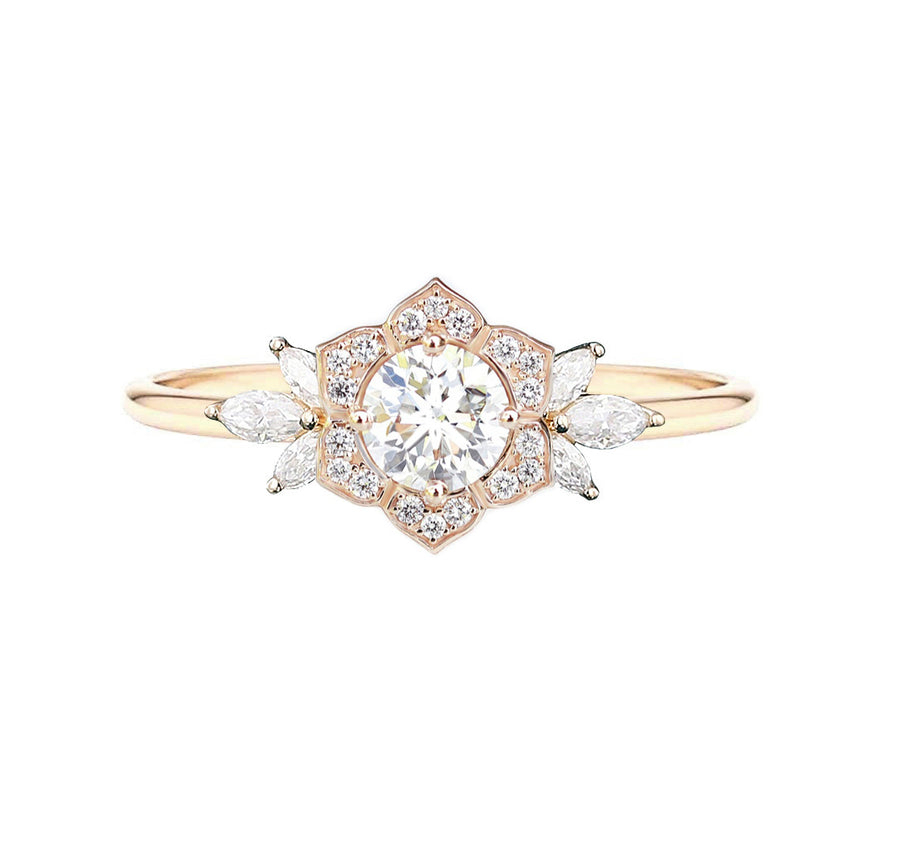 Water Lily Round Cut Natural Diamond Engagement Ring in 18K Yellow  Gold