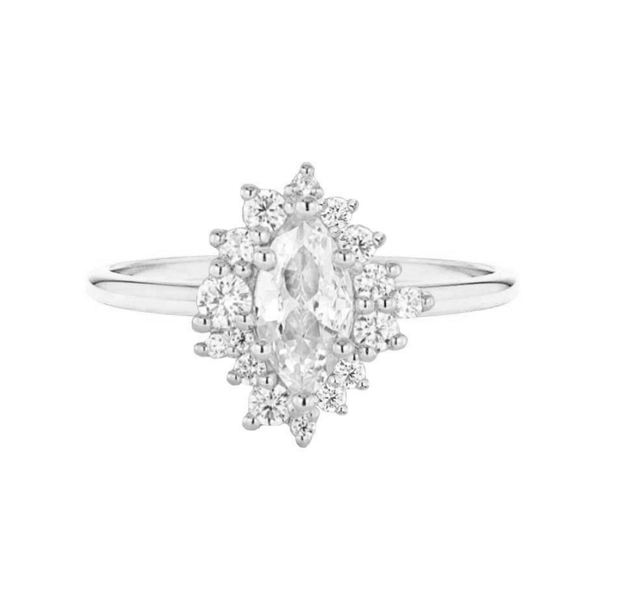 Asymmetric Halo Marquise Lab Diamond Engagement Ring in 18K White Gold