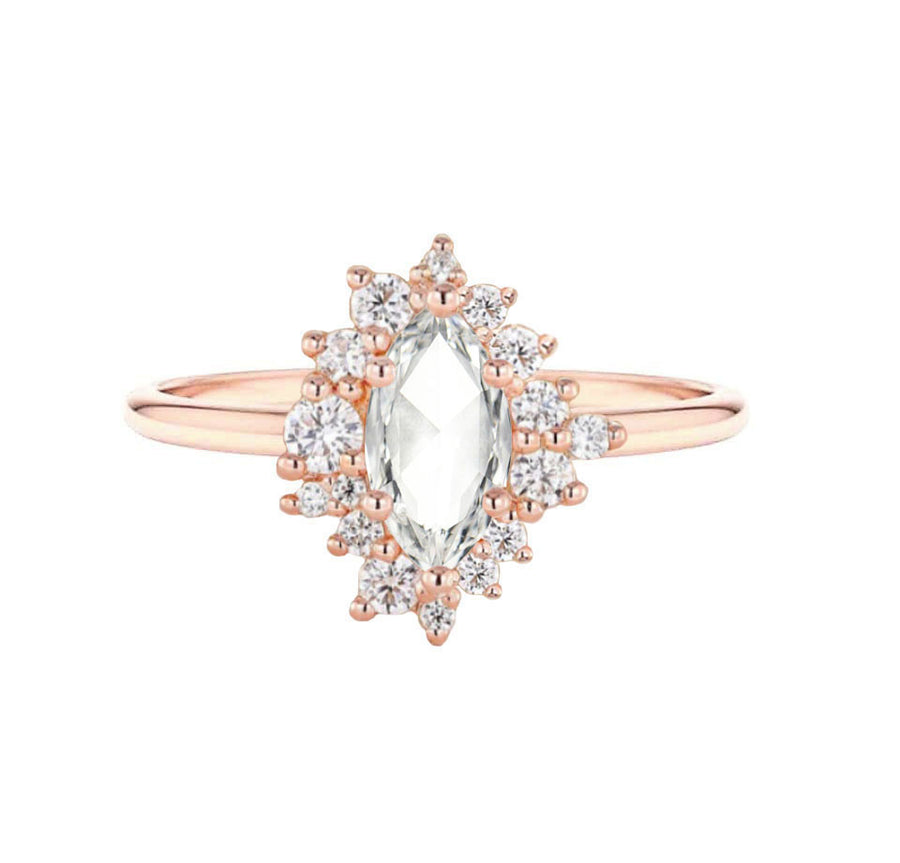 Asymmetric Halo Marquise Rose Cut Natural Diamond Engagement Ring in 18K Rose Gold