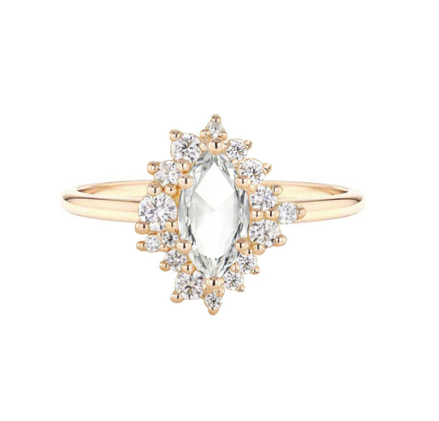 Asymmetric Halo Marquise Rose Cut Natural Diamond Engagement Ring in 18K Yellow Gold