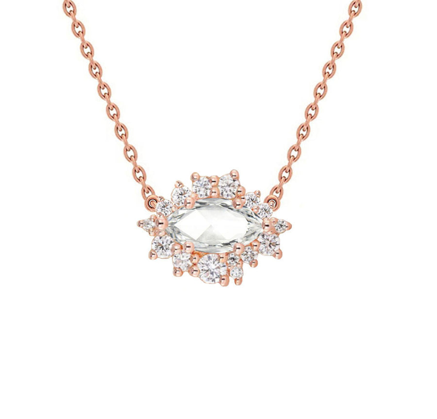 Halo Rose Cut Lab Grown Marquise Diamond Necklace in 14K Rose Gold