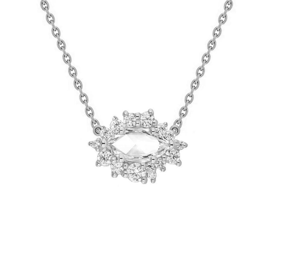 Halo Rose Cut Lab Grown Marquise Diamond Necklace in 14K White Gold