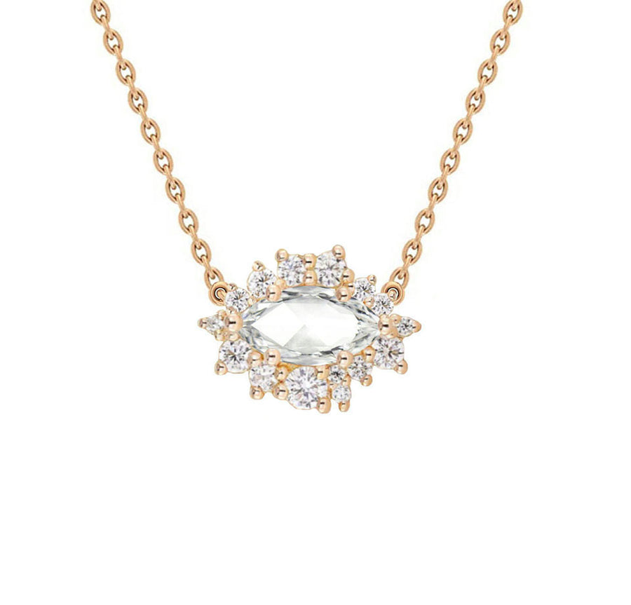 Halo Rose Cut Lab Grown Marquise Diamond Necklace in 14K Yellow Gold