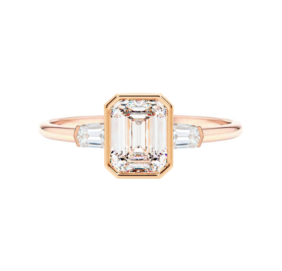 2 Carat Bezel Emerald Cut Lab Grown Diamond Engagement Ring in 14K Gold