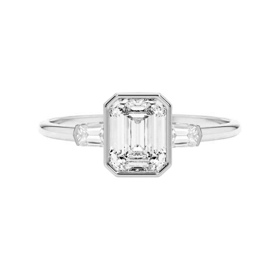2 Carat Bezel Emerald Cut Lab Grown Diamond Engagement Ring in 14K Gold