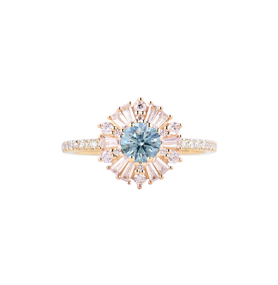 Art Deco Floral Blue Lab Grown Diamond Engagement Ring in 18K Gold