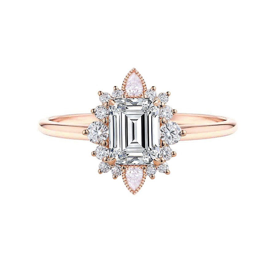Cassandra Art Deco Emerald Cut Natural Diamond Engagement Ring in 18K Gold