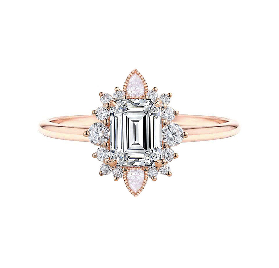 art deco emerald cut diamond engagement ring in rose gold