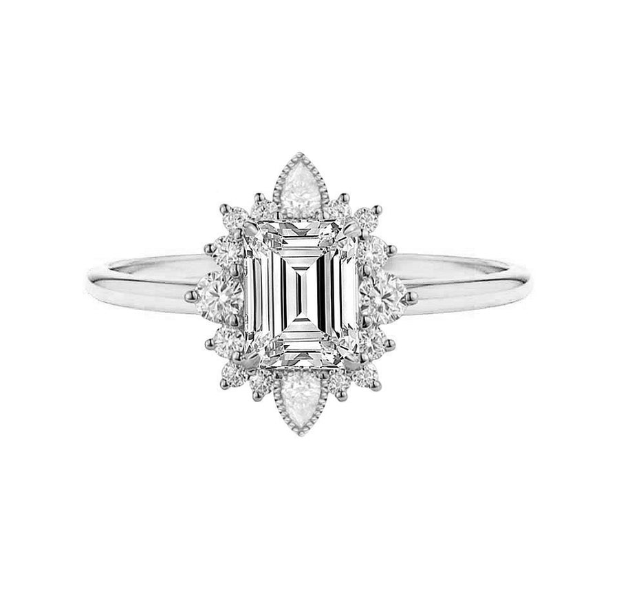 art deco emerald cut diamond engagement ring in white gold