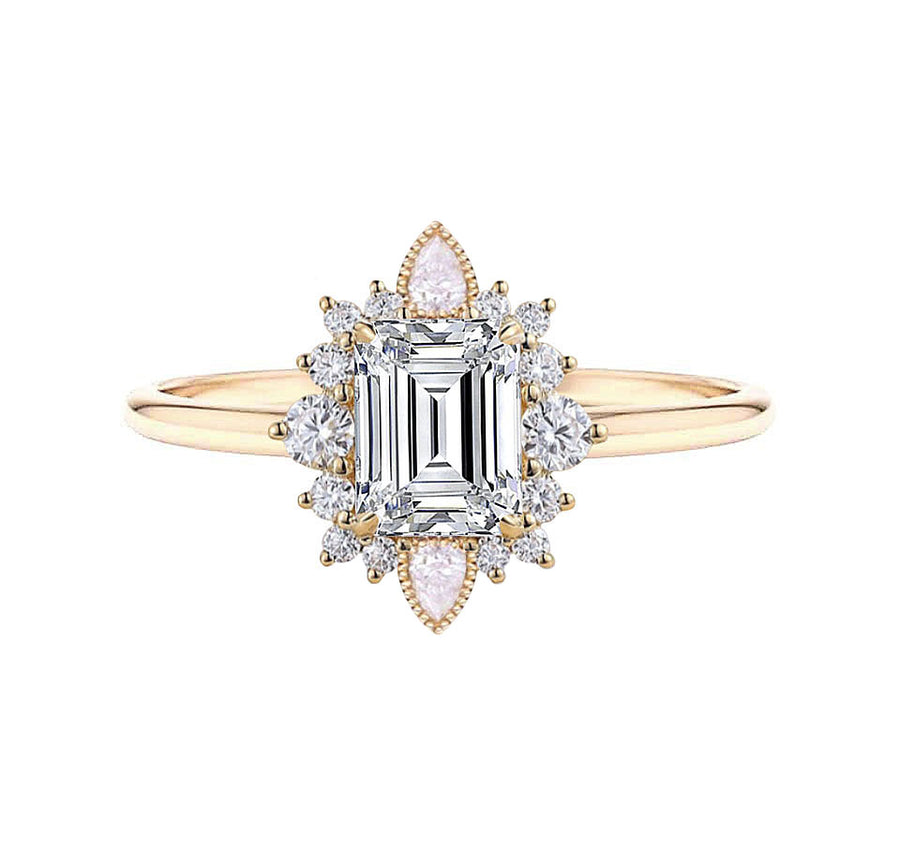 Cassandra Art Deco Emerald Cut Lab Grown Diamond Engagement Ring in 18K Gold