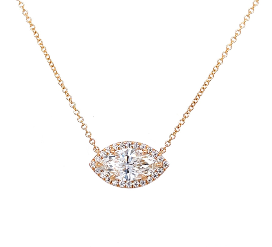 1 Carat Solitaire Floating Marquise Halo Diamond Necklace in Rose Gold
