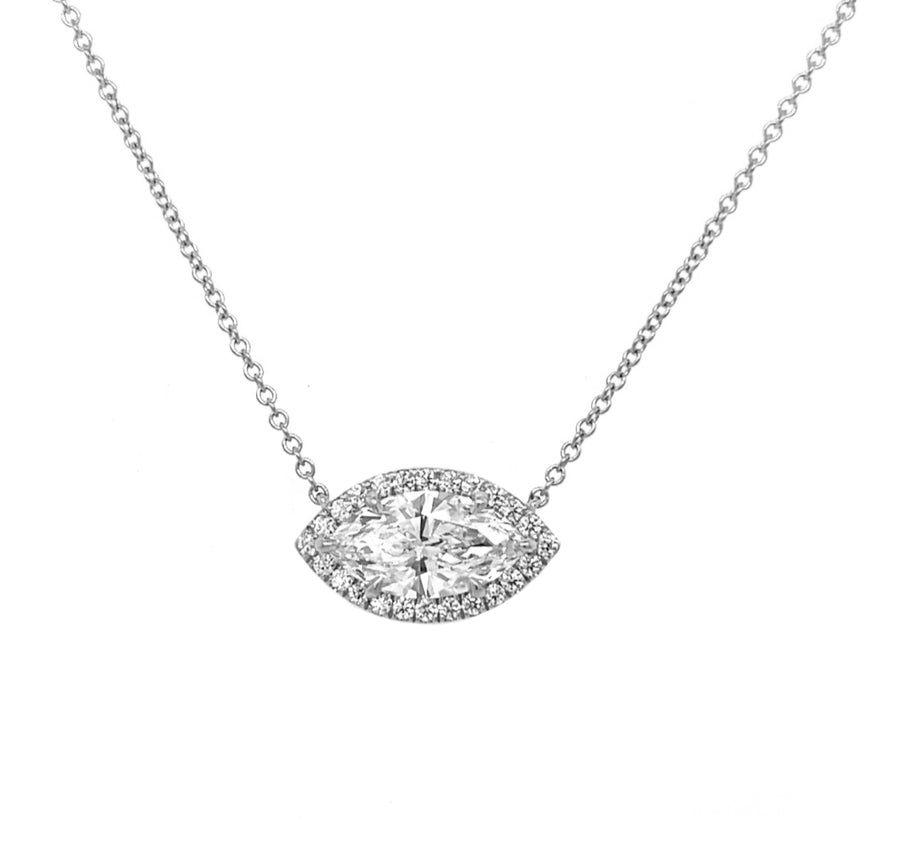 1 Carat Solitaire Floating Marquise Halo Diamond Necklace in White Gold