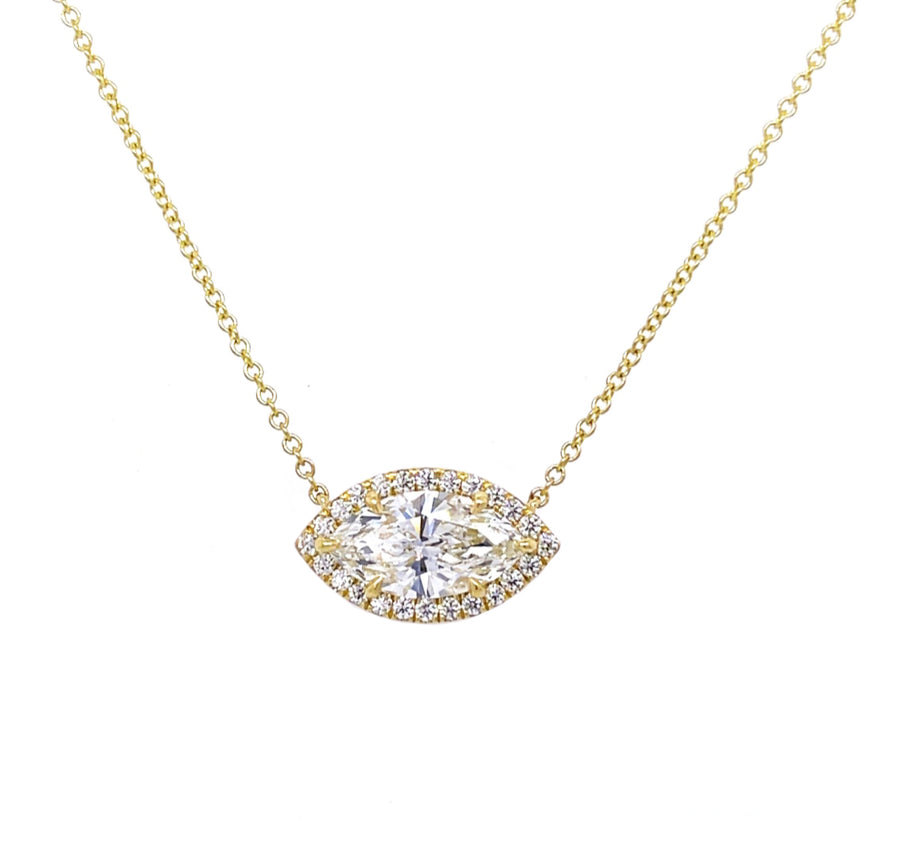 1 Carat Solitaire Floating Marquise Halo Diamond Necklace in Yellow Gold