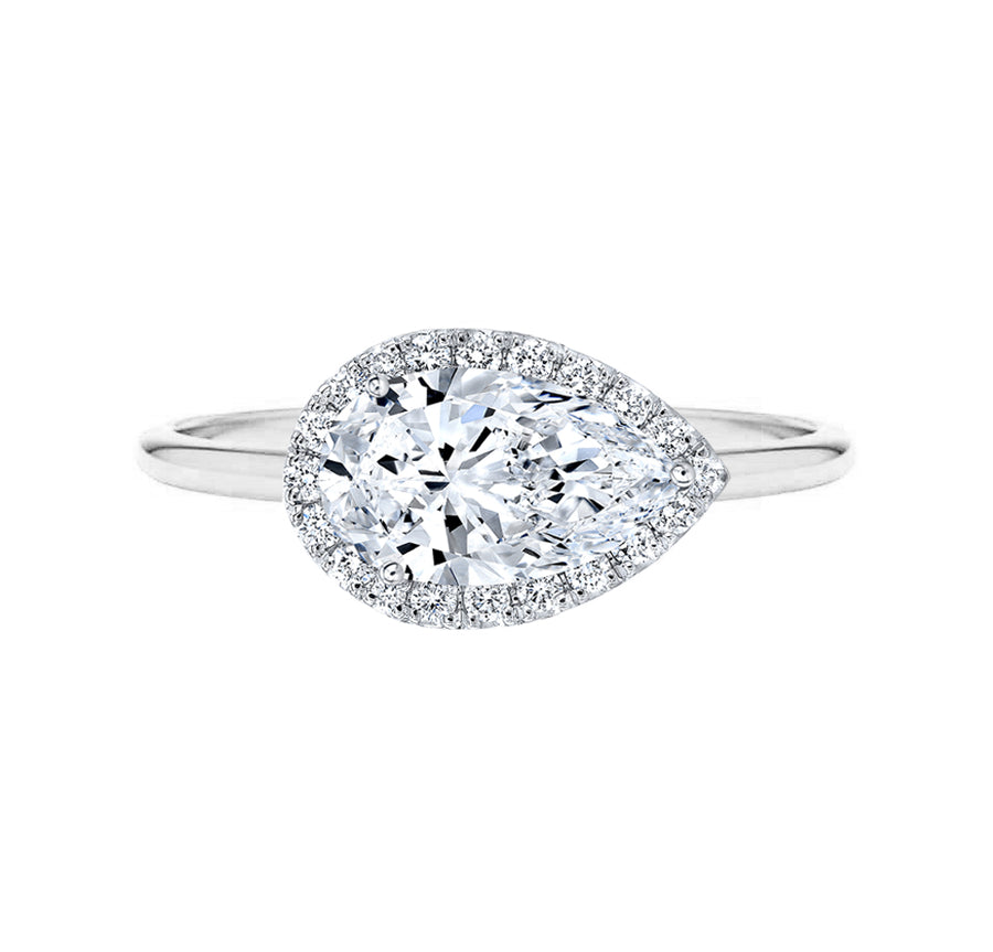 2 Carat East West Set Lab Grown Pear Halo Diamond Engagement Ring in 18K Gold
