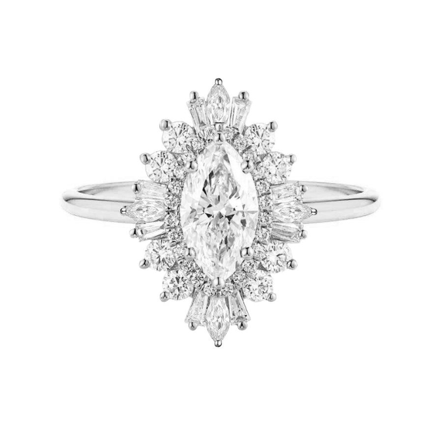 Elise Art Deco 1 Carat Marquise Natural Diamond Engagement Ring in 18K Gold