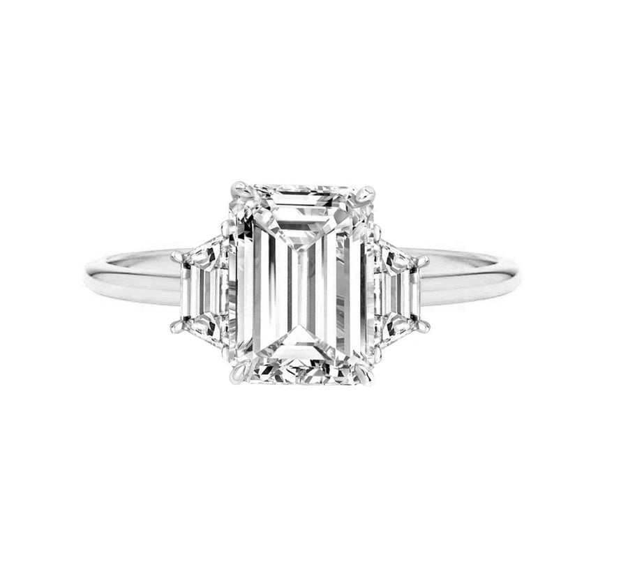 3 Carat Lab Grown Emerald Cut Diamond Engagement Ring With Trapezoid Diamonds
