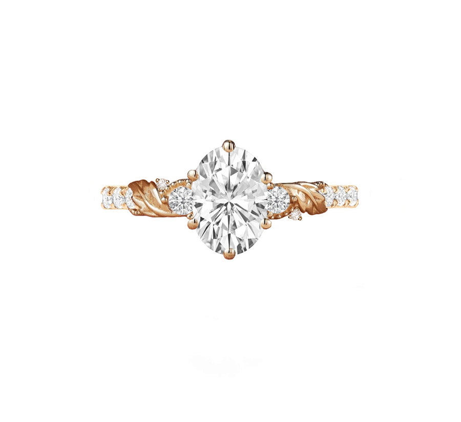 Enchanted Forest Three Stone Natural Oval Diamond Engagement Ring in 18K Gold