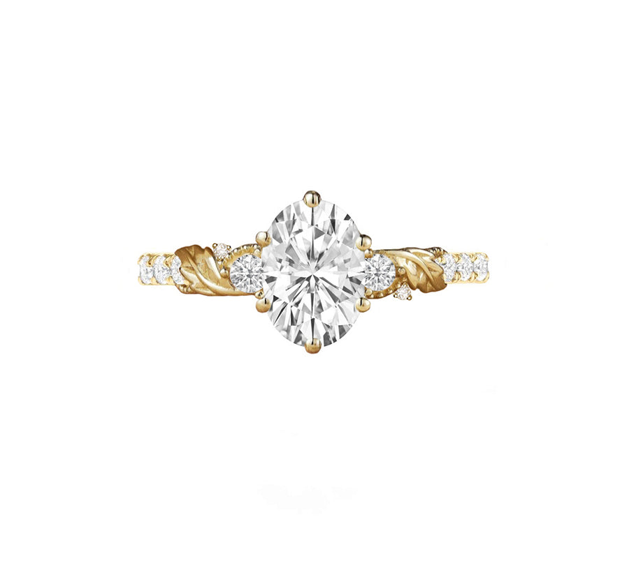 Enchanted Forest Three Stone Natural Oval Diamond Engagement Ring in 18K Gold