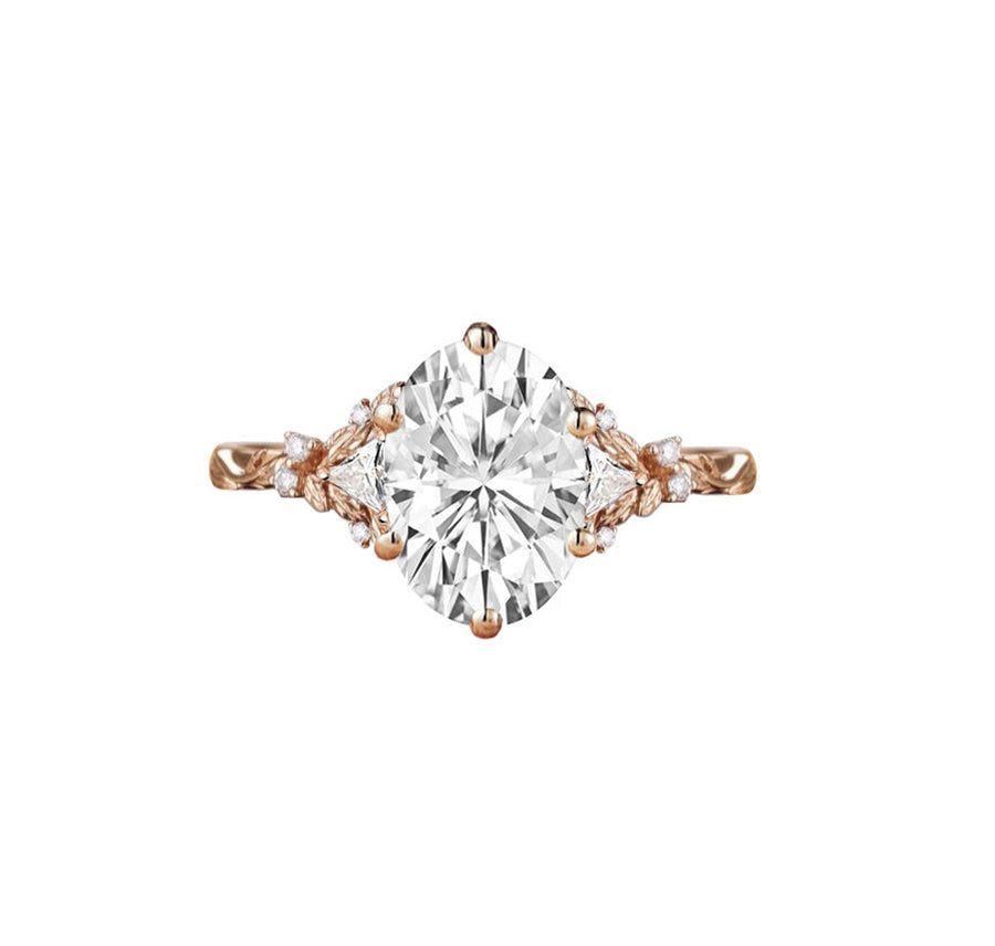 Enchanted Forest Three Stone Oval Natural Diamond Engagement Ring in 18K Gold