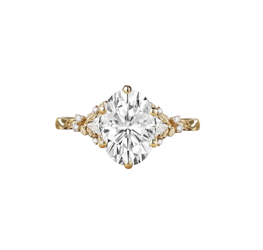 Enchanted Forest Three Stone Oval Natural Diamond Engagement Ring in 18K Gold