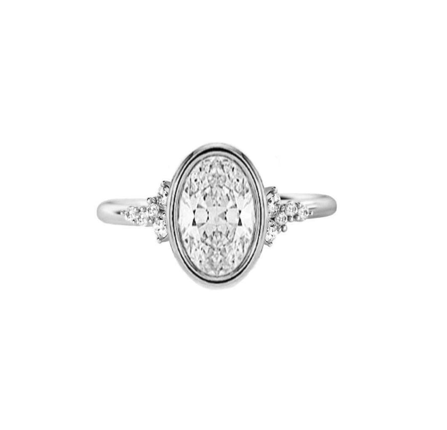 Bezel 2 Carat Natural Oval Diamond Engagement Ring in 18K White Gold