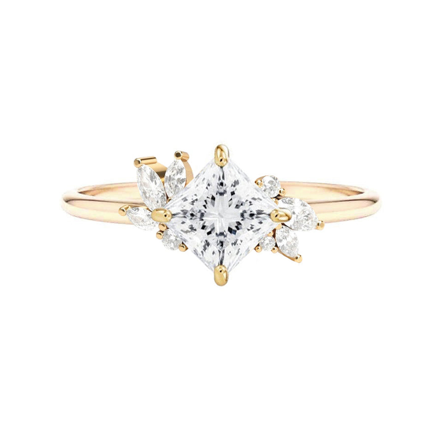 Floral Cluster Lab Grown 2 Carat Princess Diamond Engagement Ring in 18K Gold