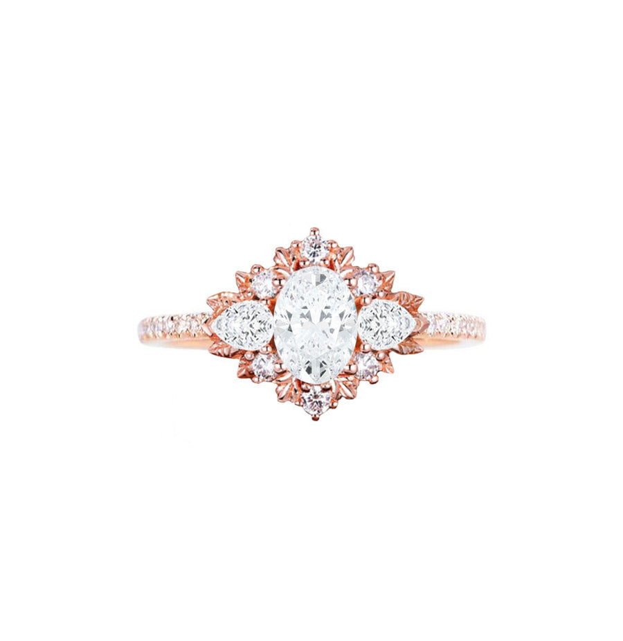 Nature Inspired Three Stone Oval Lab Grown Diamond Engagement Ring in 18K Rose Gold