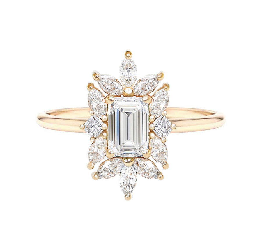 Giselle Art Deco Halo Emerald Cut Natural Diamond Engagement Ring in 18K Gold