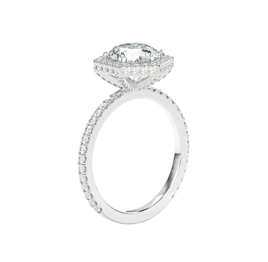 Hexagonal Halo 2 Carat Lab Grown Diamond Engagement Ring in 14K Gold Side View