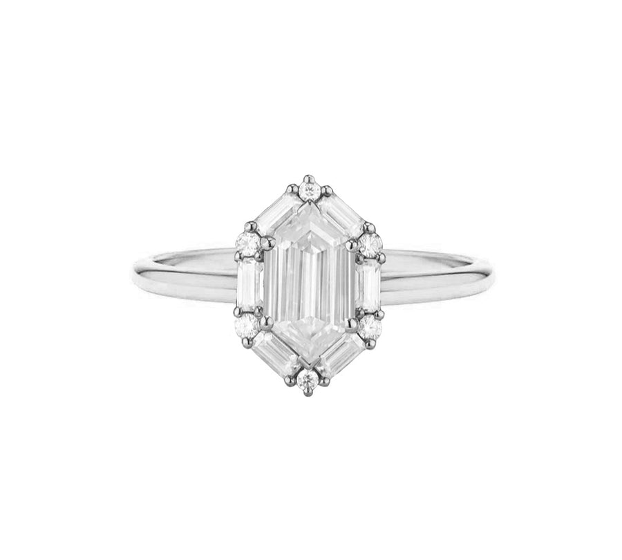 Hexagonal Halo Lab Grown Diamond Engagement Ring in 18K White Gold