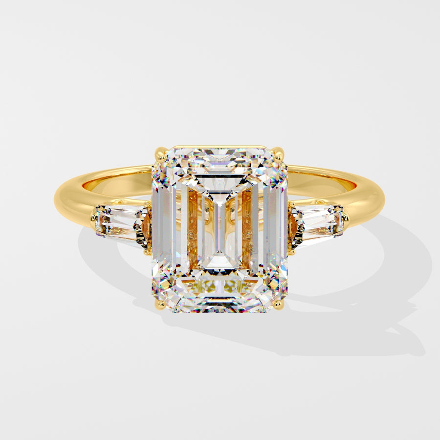 Tapered Baguette 5 Carat Emerald Cut Lab Grown Diamond Engagement Ring in 18K Gold