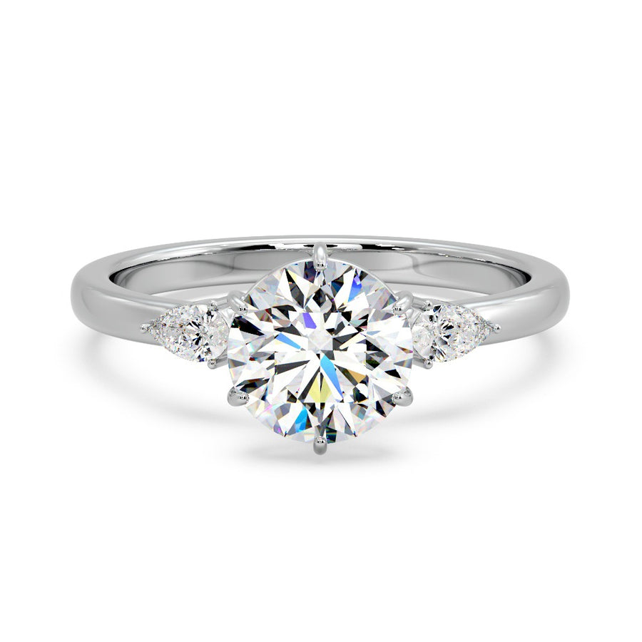 Three Stone Six Prong 2 Carat Round Lab Diamond Engagement Ring in 14K Gold