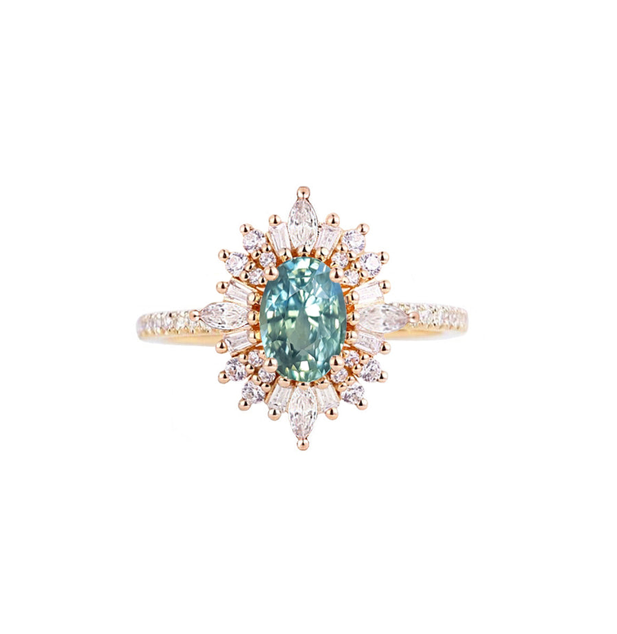 Art Deco Light Teal Sapphire Engagement Ring in 18K Yellow Gold