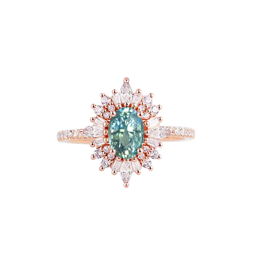 Art Deco Light Teal Sapphire Engagement Ring in 18K Rose Gold