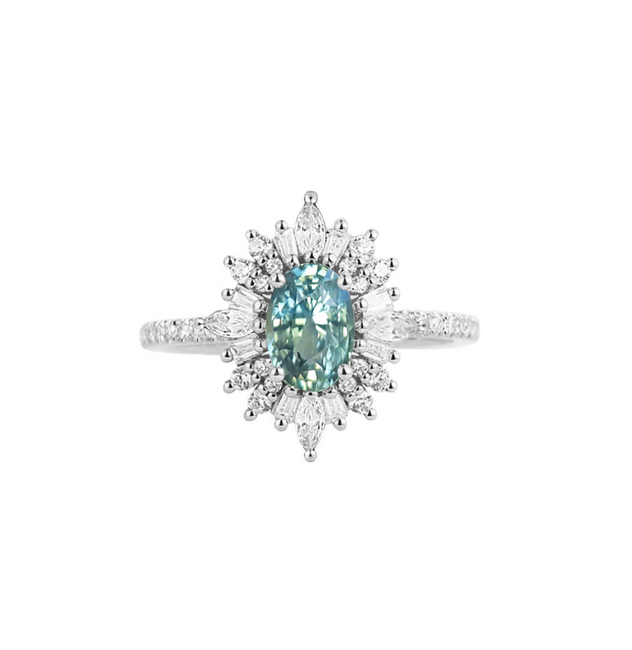 Art Deco Light Teal Sapphire Engagement Ring in 18K White Gold