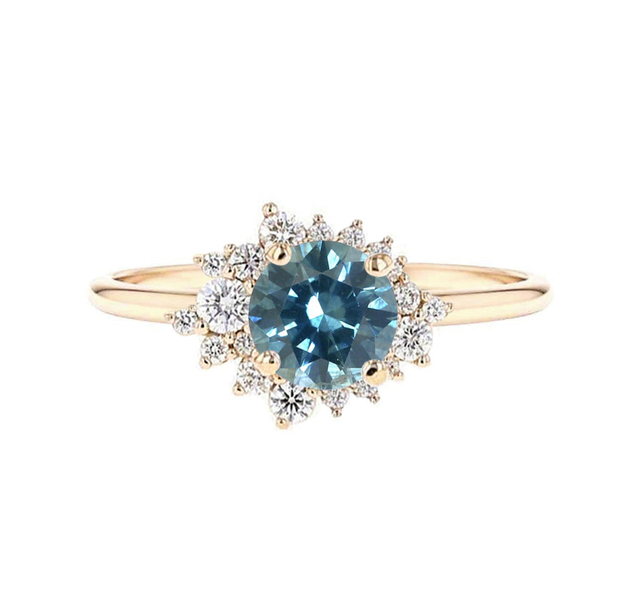 Floral Halo Natural Montana Sapphire Diamond Cluster Engagement Ring in 18K Gold