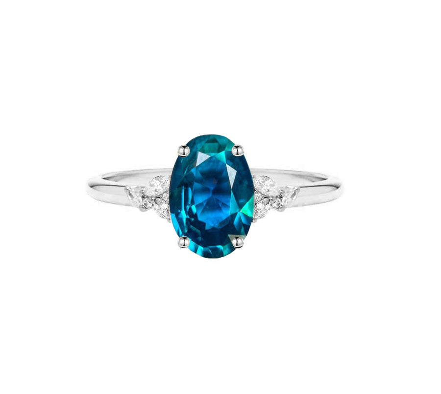 Myra 2 Carat Oval Teal Sapphire Diamond Engagement Ring in 18K Gold